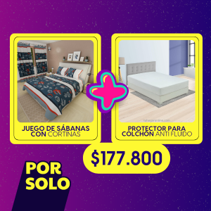 JUEGO DE SÁBANAS CON CORTINAS más PROTECTOR PARA COLCHÓN ANTI FLUIDO