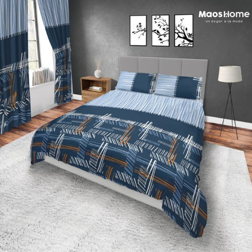 Sabana Microfibra Suavizada. Azules Líneas cafes