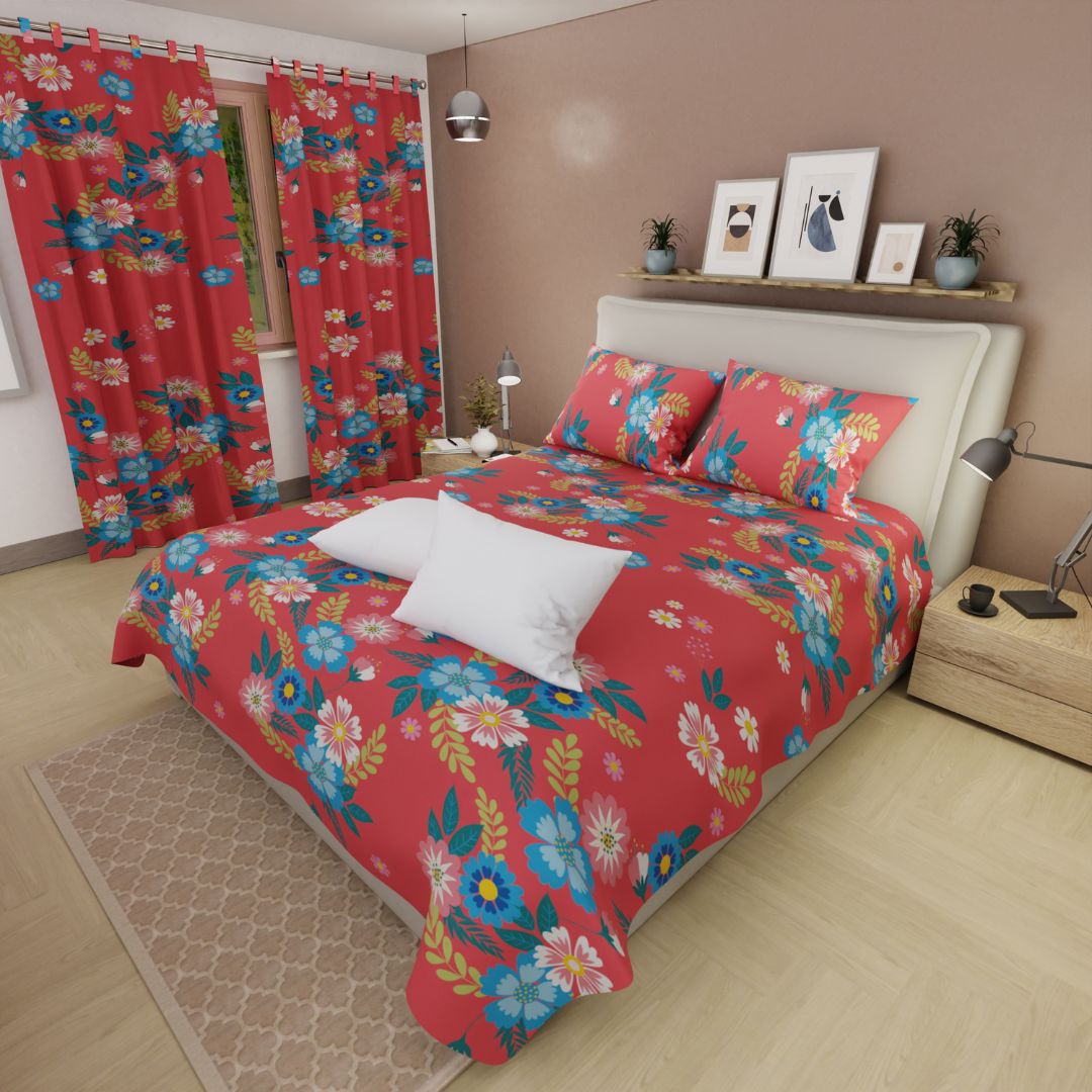Combo Juego de sábanas con cortinas Salmon Floral Colorida Y Un Par De Almohada