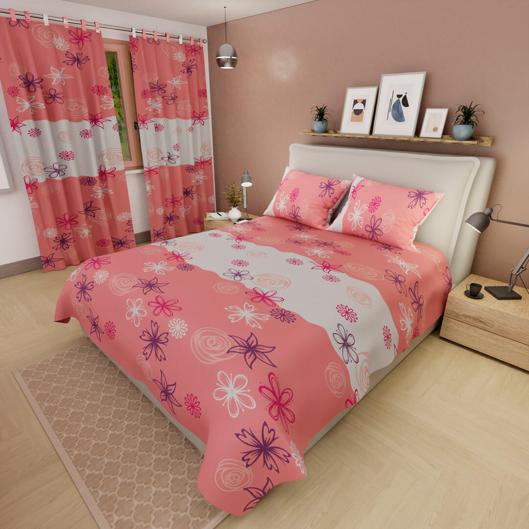 Juego De Sábanas Con Cortinas  Rosada Patrón Flores Ultra Suave