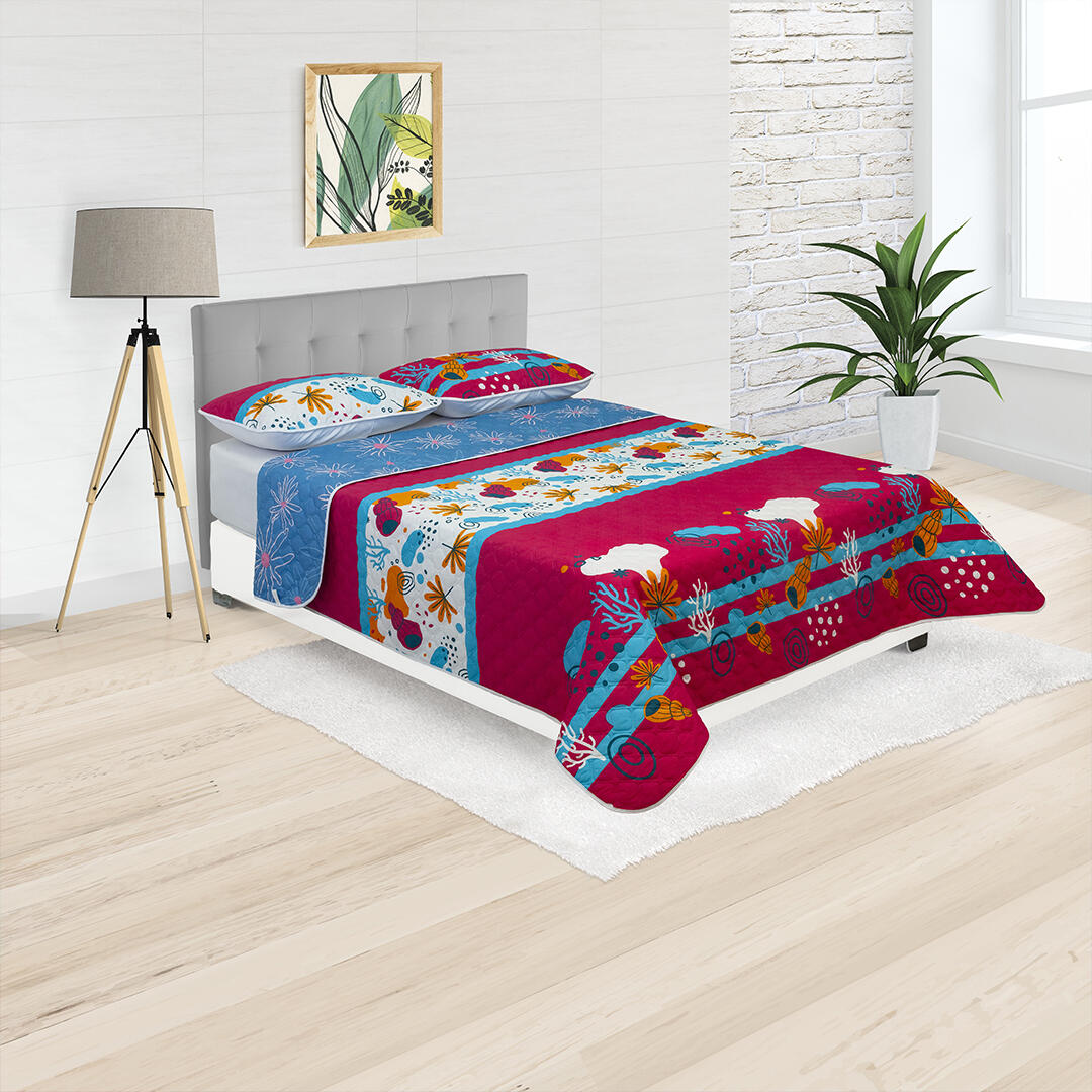 CUBRELECHO TERMOSELLADO DOBLE FAZ  CARACOL PLANTAS MARINAS FONDO FUCSIA CON LÍNEAS EN AZUL