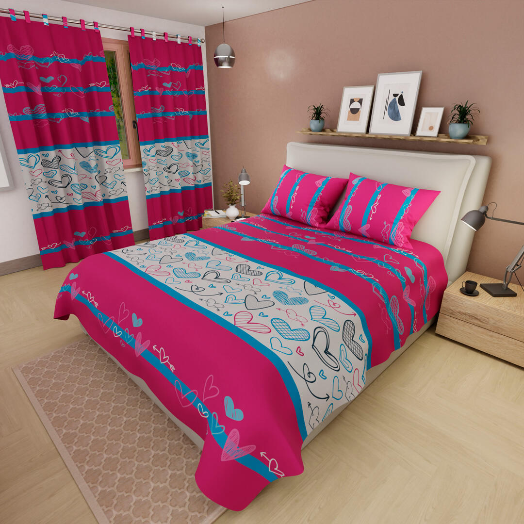 Juego De Sábanas Con Cortinas Fucsia Con Blanco Patrón Corazones Ultra Suave 