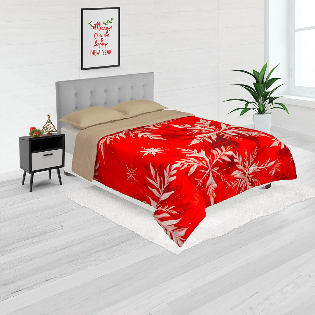 Cubrelecho Navideño Doble Faz Hojas Solo Fondo Camel 