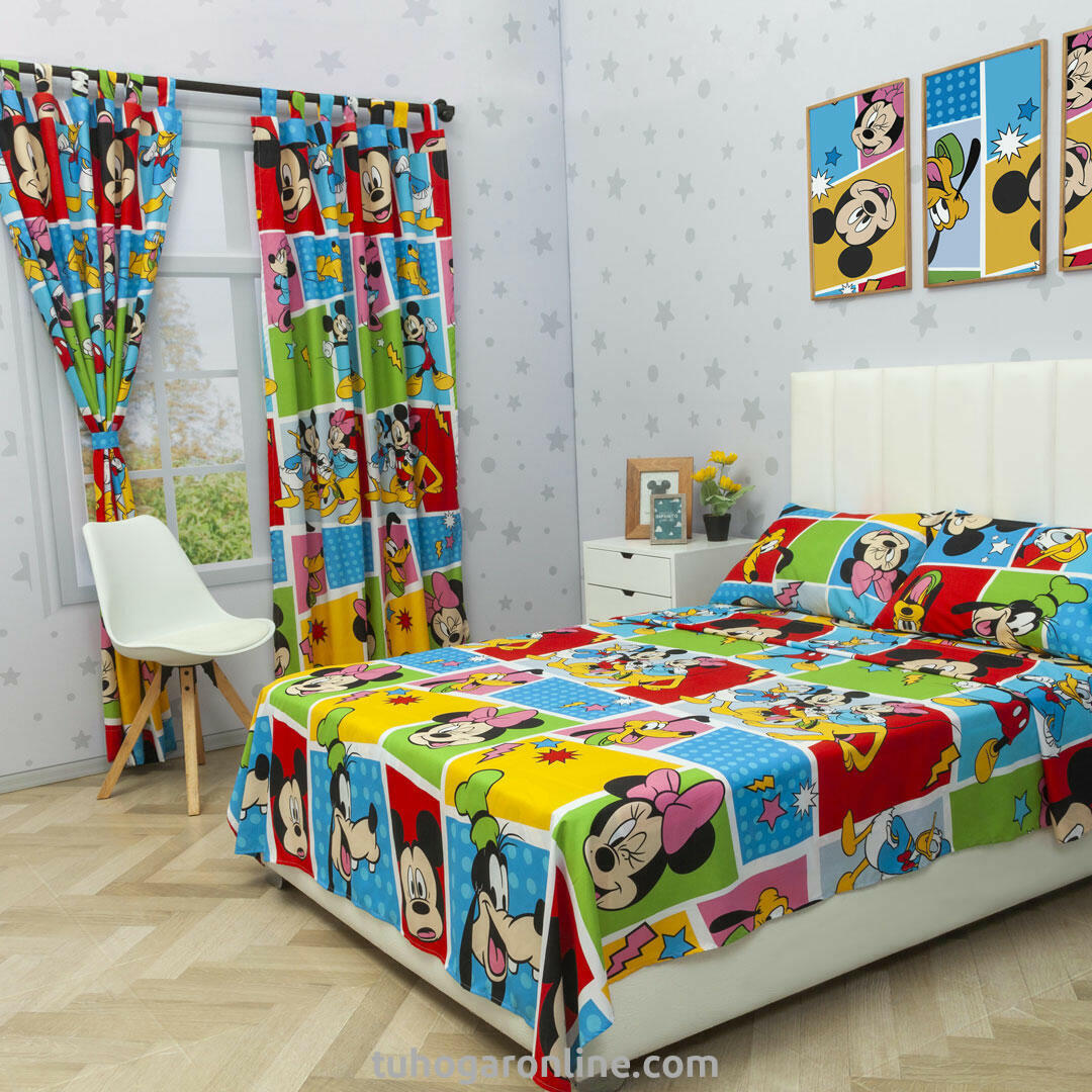 JUEGO DE SÁBANA CON CORTINAS CAMA DOBLE DISNEY MICKEY Y SUS AMIGOS