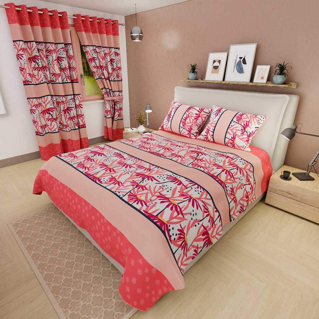 JUEGO DE SÁBANAS CON CORTINAS  ALGAS MARINAS EN FRANJA BLANCA CON LINEAS ROSA CLARO