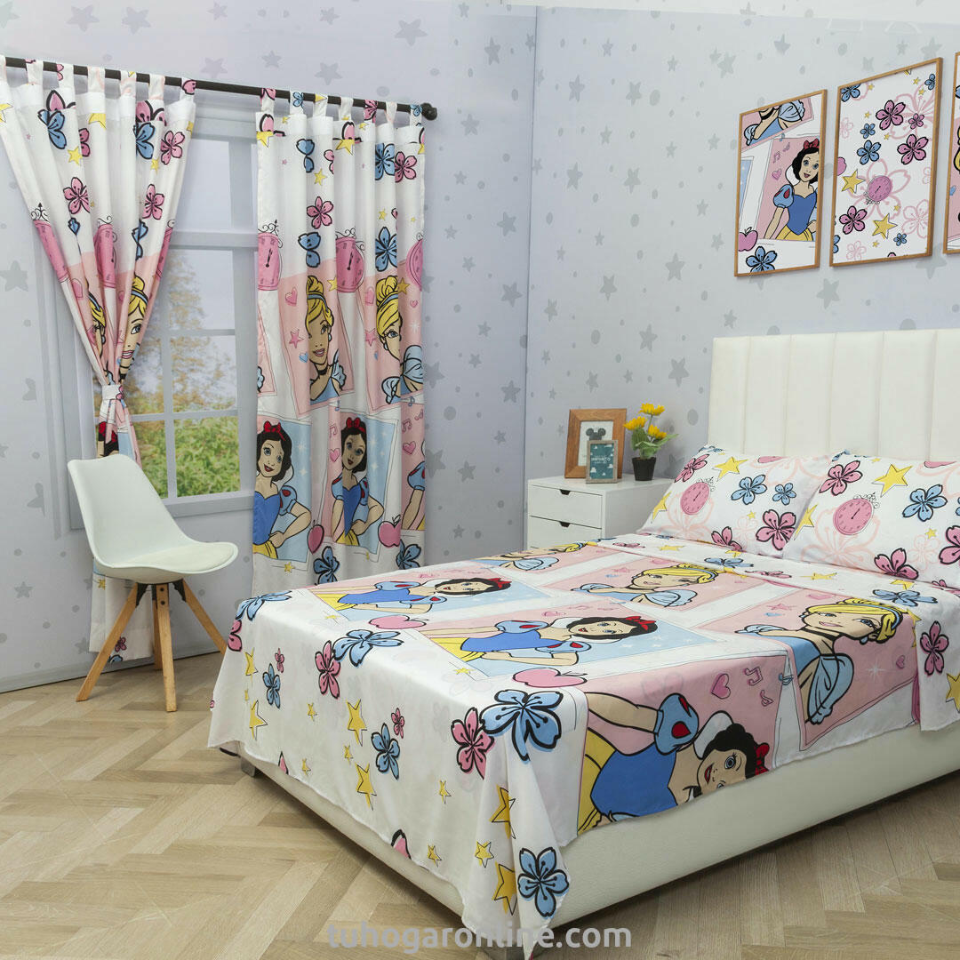 JUEGO DE SABANA CON CORTINAS CAMA DOBLE DISNEY PRINCESAS