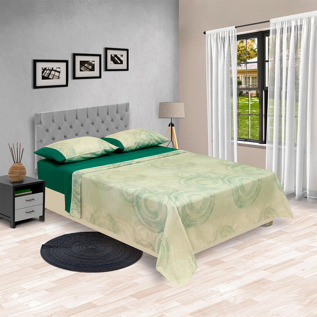  JUEGO DE SÁBANAS LÍNEA BARCELONA AJUSTABLE FONDO VERDE OSCURO SOBRESABANA CÍRCULOS EN ESPIRAL 