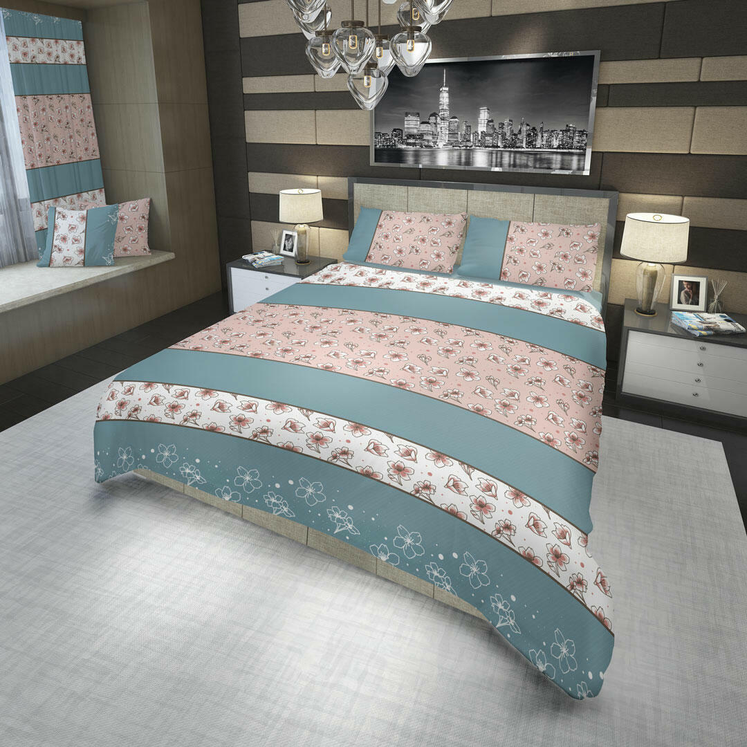 44JUEGO DE SÁBANAS 180 HILOS FLORES EN FRANJAS AZUL Y ROSADA