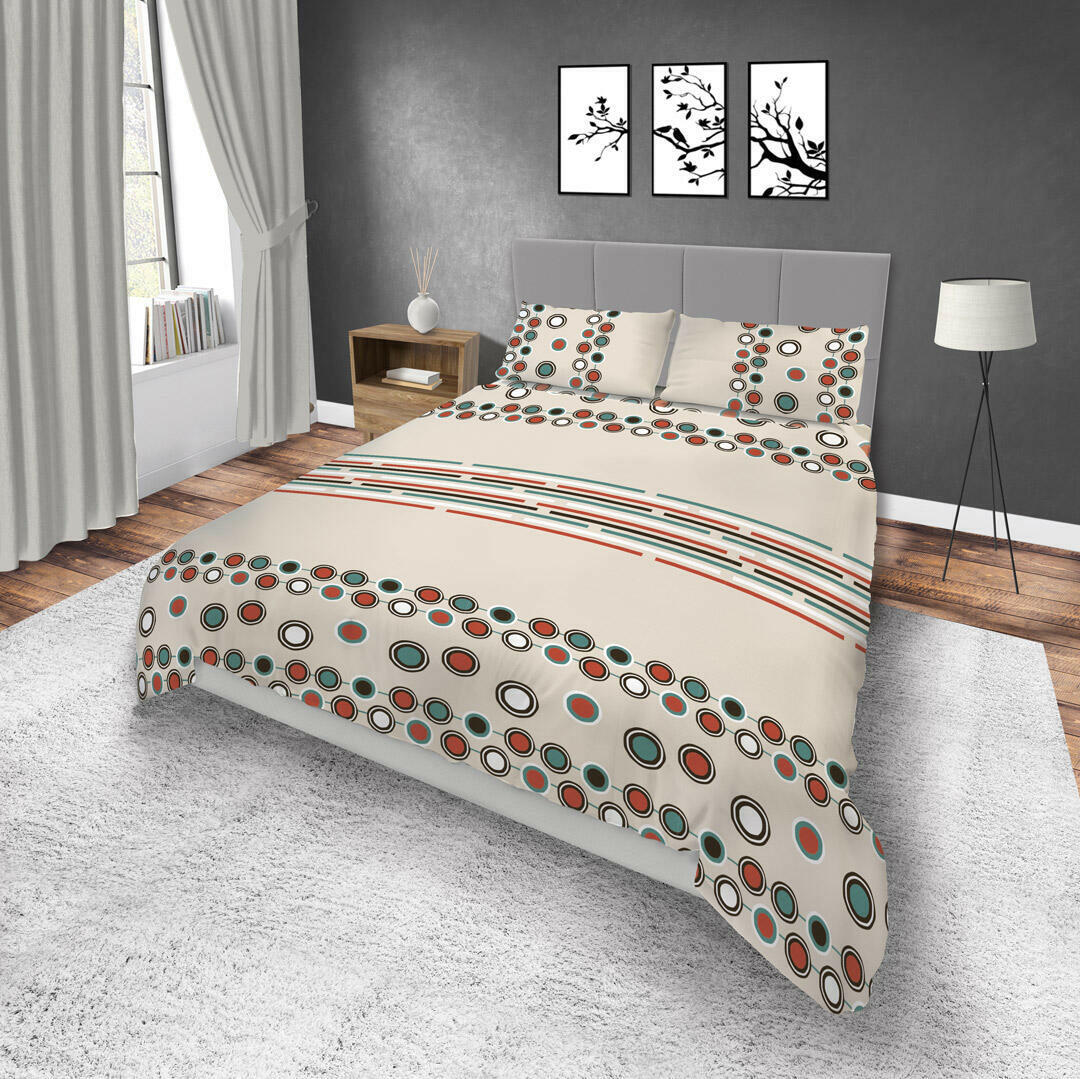 44JUEGOS DE SÁBANAS MICROFIBRA CÍRCULOS NARANJAS Y VERDES FONDO BEIGE