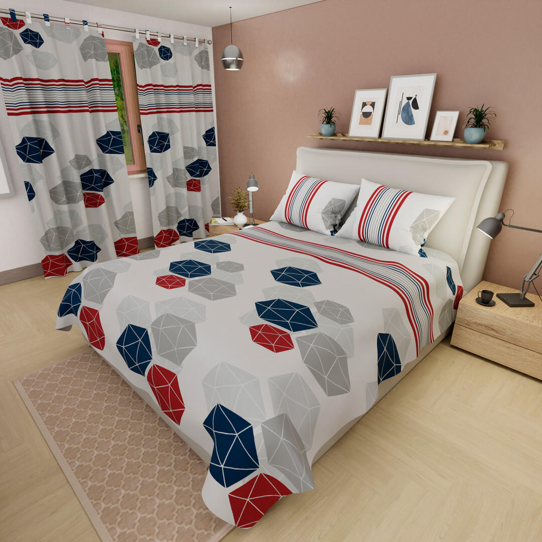 44Juego De Sábanas Con Cortinas Blanco Geométrico Hexagonal  Rojo Ultra Suave 