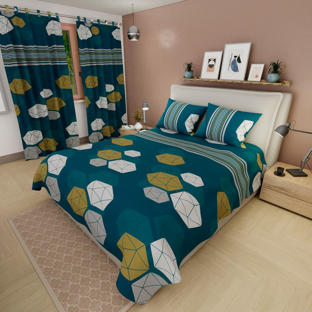 44Juego De Sábanas Con Cortinas Azul Geométrico Hexagonal Colorida