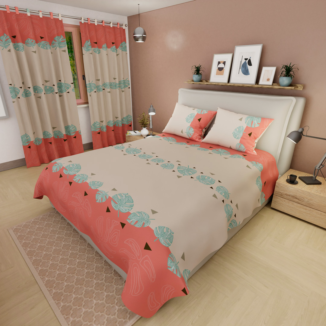 44Juego de Sábanas Microfibra Suavizada Hojas en el Bosque Salmon