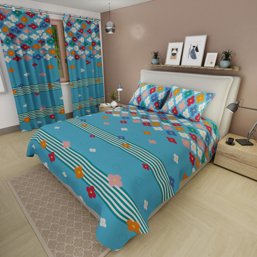 44Juego de Sábanas Microfibra Suavizada Fiesta Floral Azul