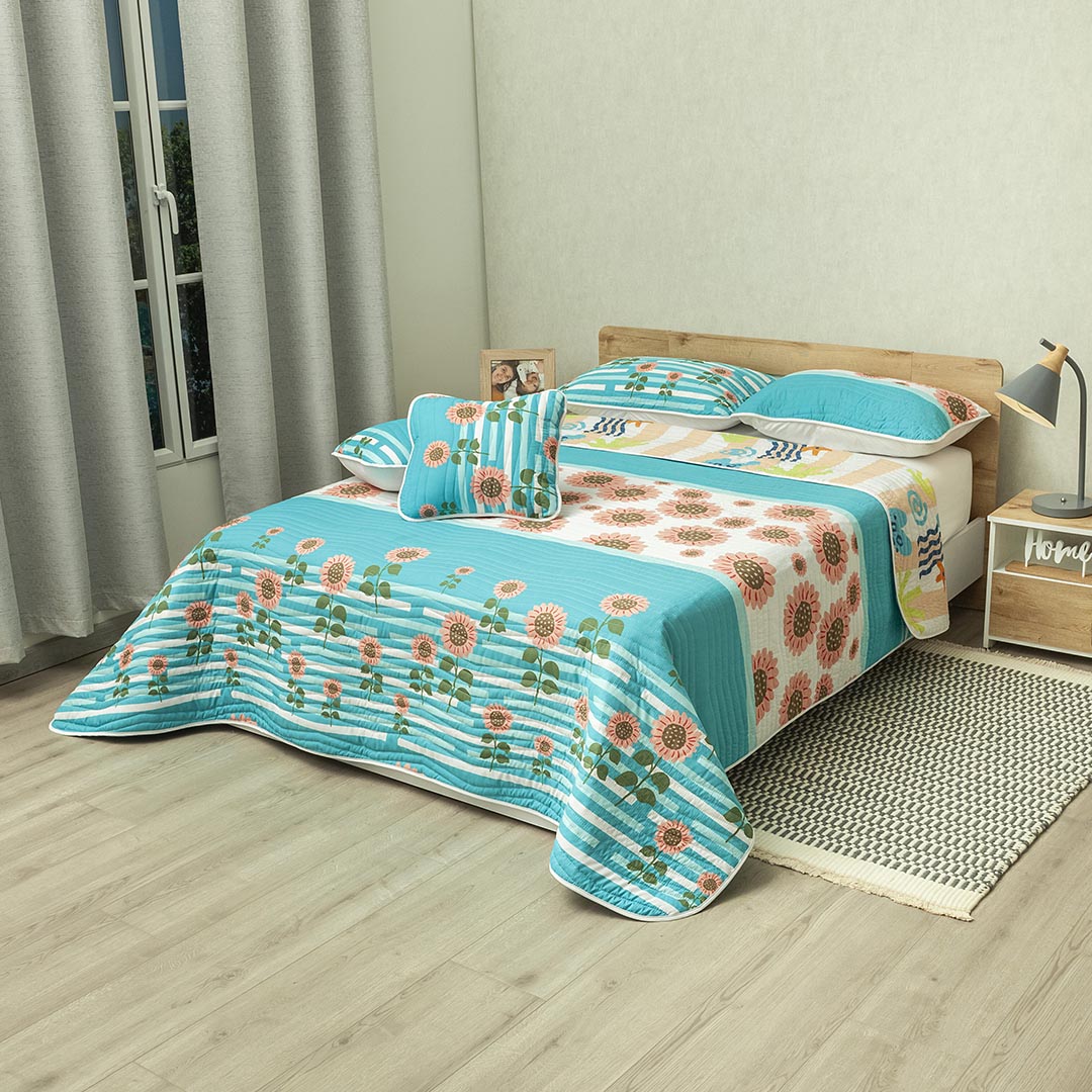 44Cubrelecho Estampado Prensado Doble Faz Verano Eterno Azul