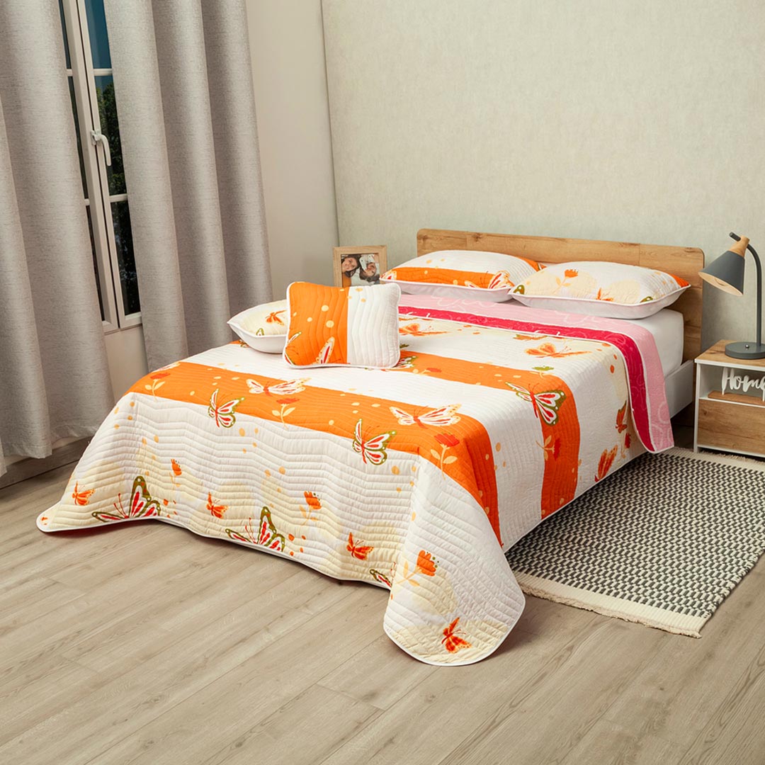 44Cubrelecho Estampado Prensado Doble Faz Ala de Primavera Naranja