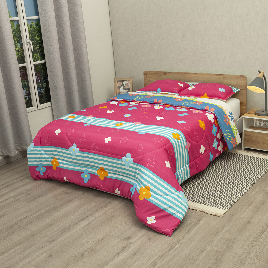 44Cubrelecho Semiacolchado Doble Faz Fiesta Floral Fucsia