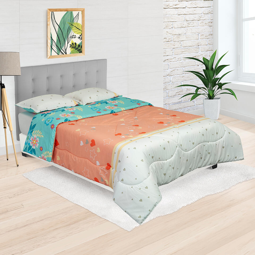 44Cubrelecho Semiacolchado Doble Faz Corazones Fondo Salmon con Blanco 