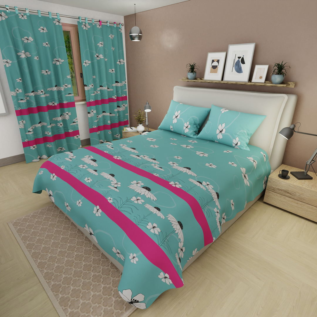 44Juego de sábanas con cortinas Luz de Margarita Aguamarina