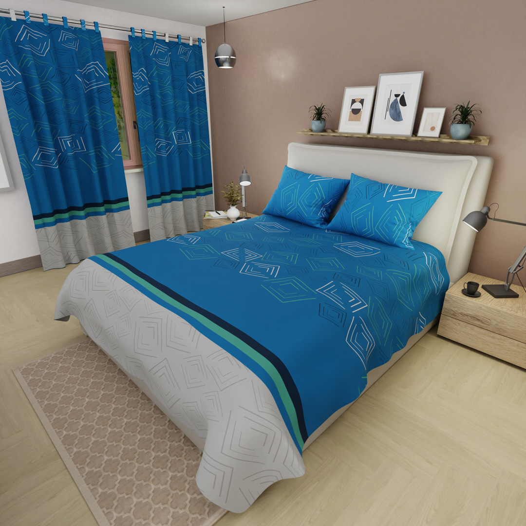 44Juego de sábanas con cortinas Trazos Digitales Azul