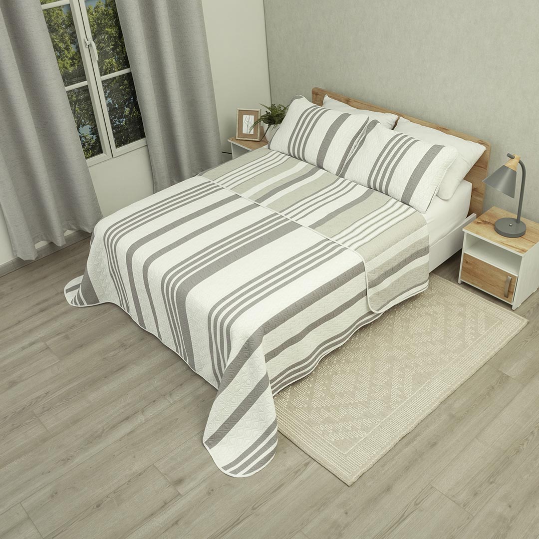 44Cubrelecho Prensado Doble Faz Trama Líneas de Vanguardia Gris - Beige