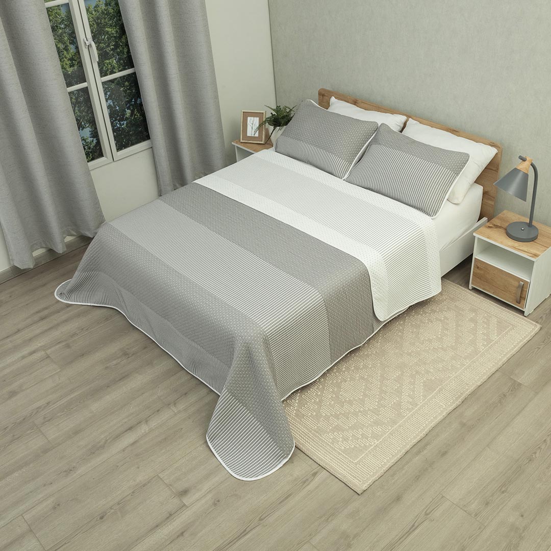 44Cubrelecho Prensado Doble Faz Trama Puntos sobre Arena Gris