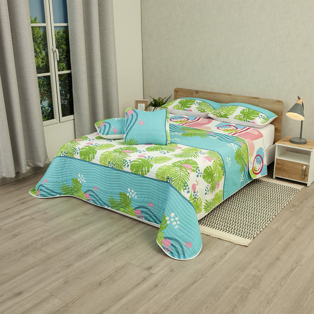 44Cubrelecho Estampado Prensado Doble Faz Jardín Caribeño