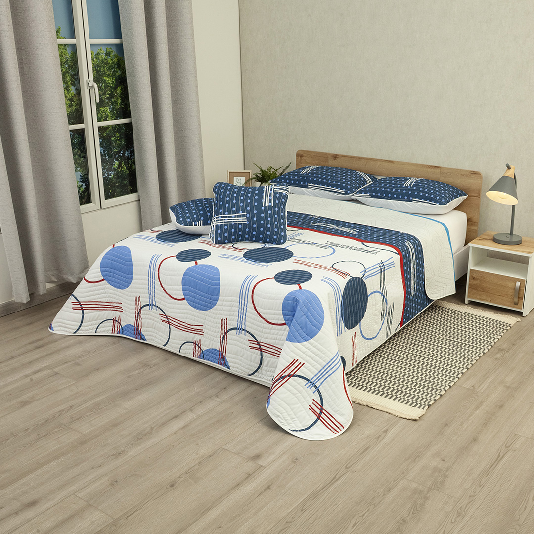 44Cubrelecho Estampado Prensado Doble Faz Trazos Digitales Azul