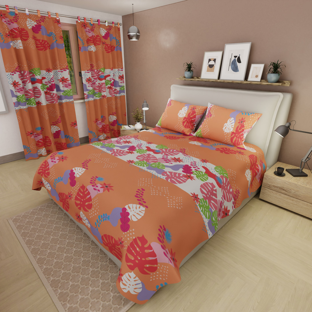 44Juego de Sábanas Microfibra Suavizada Estampa Tropical Naranja