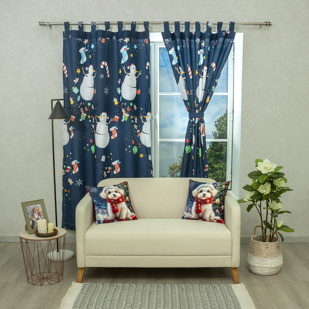 44Cortina Navideña Muñecos De Nieve Bastones Fondo Azul