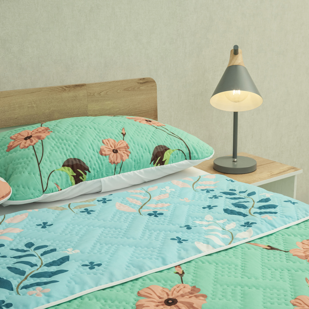 44Cubrelecho Doble Faz Termosellado Canto Tropical Aguamarina