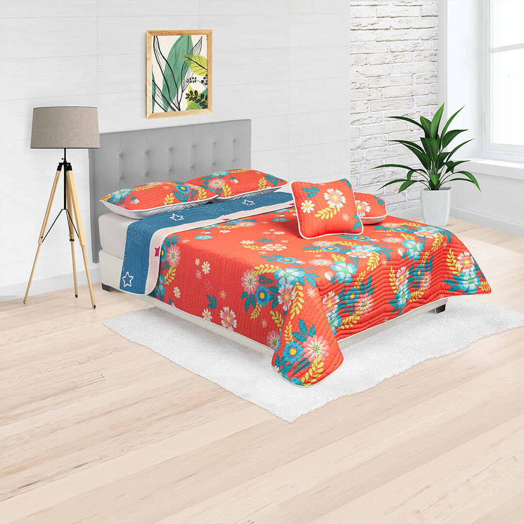 44Cubrelecho Estampado Prensado Doble Faz Salmón Azul Patrón Floral 