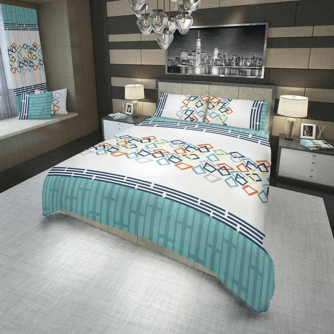 44JUEGO DE SÁBANAS 180 HILOS FIGURAS DE COLORES ENTRELAZADAS Y FRANJA AZUL CIELO