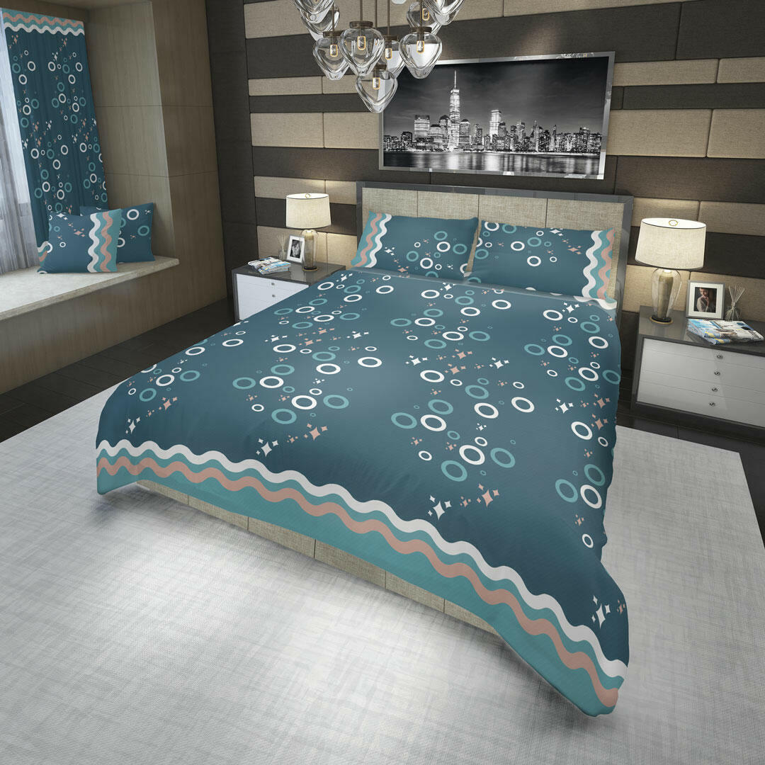 44JUEGO DE SÁBANAS 180 HILOS CÍRCULOS Y ESTRELLAS FONDO AZUL