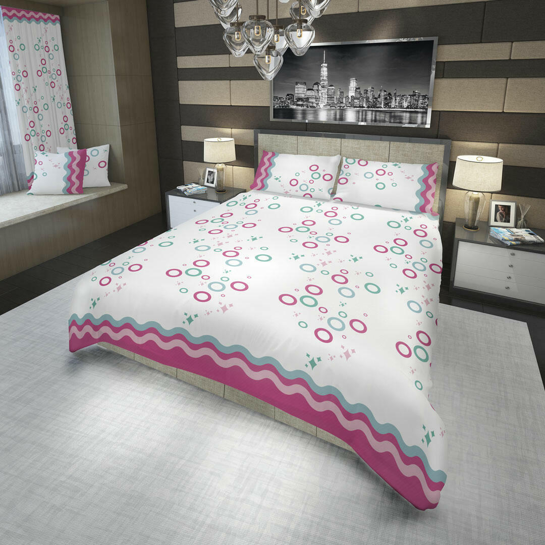 44JUEGO DE SÁBANAS 180 HILOS CÍRCULOS Y ESTRELLAS AZUL Y FUCSIA