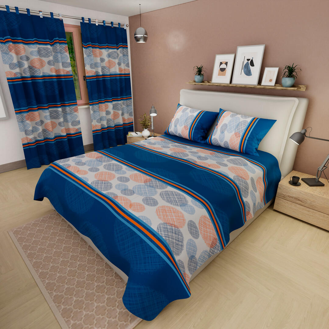 44Juego De Sábanas Con Cortinas Azul Patrón Círculos En Rayas Ultra Suave 