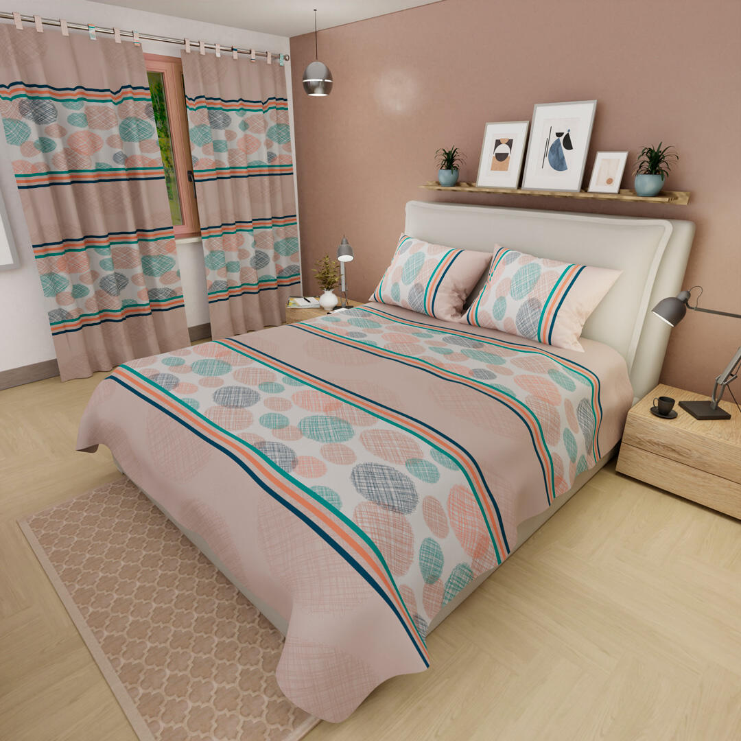 44Juego De Sábanas Con Cortinas Beige Círculos En Rayas  Colorida