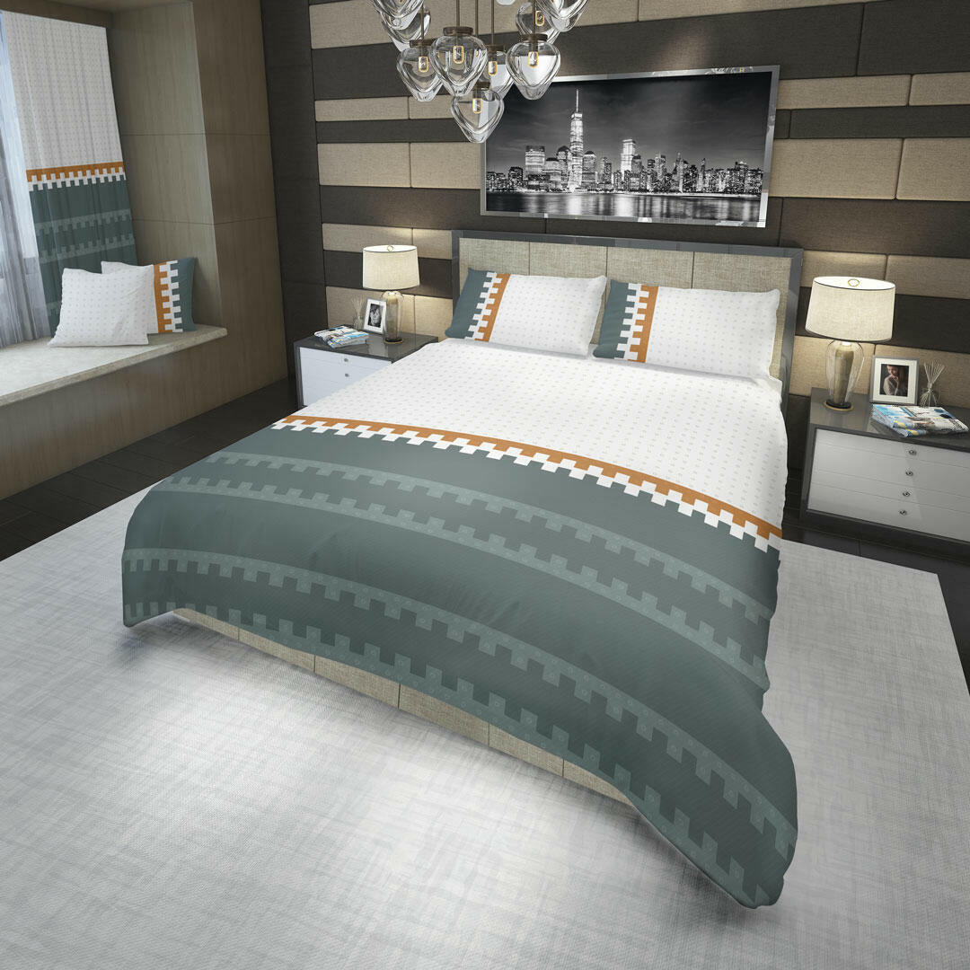 44JUEGO DE SÁBANAS 180 HILOS FLORES Y CÍRCULOS EN FRANJAS NARANJA Y VERDE