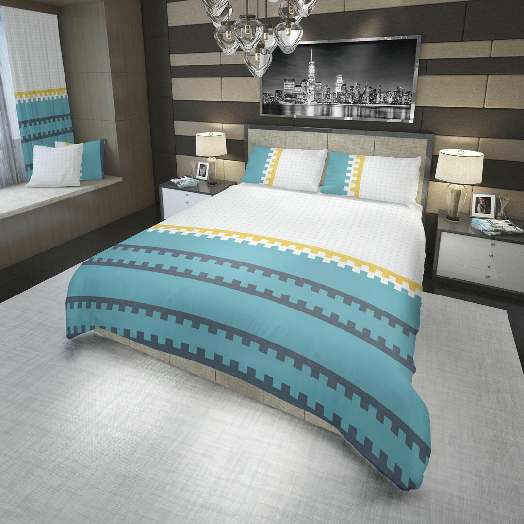 44JUEGO DE SÁBANAS 180 HILOS FLORES Y CÍRCULOS EN FRANJAS AZUL Y AMARILLAS