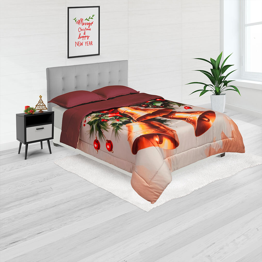 44 Cubrelecho Navideño Doble Faz Campanas Solo Fondo Vinotinto 