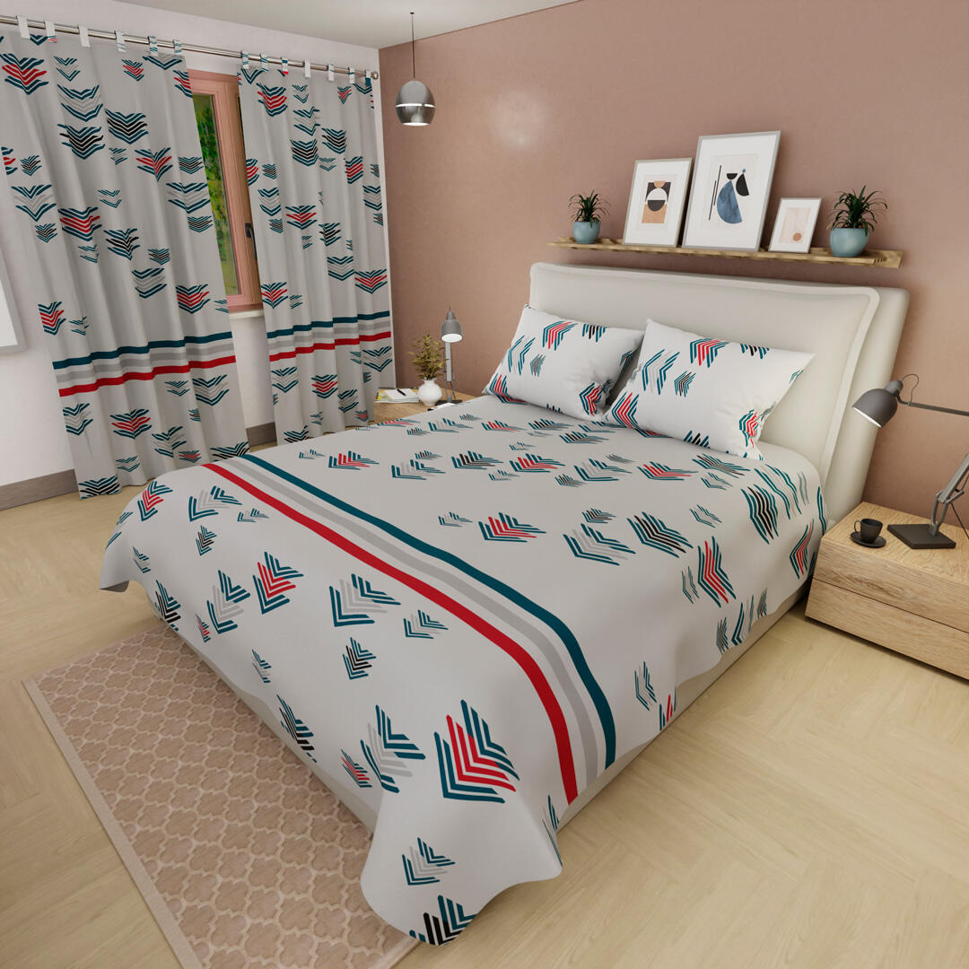 44 Juego De Sábanas Con Cortinas  Flechas En Fondo Blanco Ultra Suave 