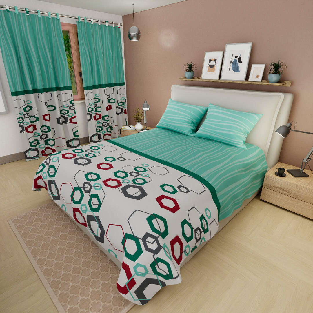 44Juego De Sábanas Con Cortinas Geométricas Hexagonales en Verde y Colores Vibrantes
