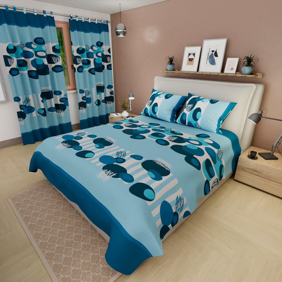 44Juego De Sábanas Con Cortinas Círculos  Azules Ultra Suave 