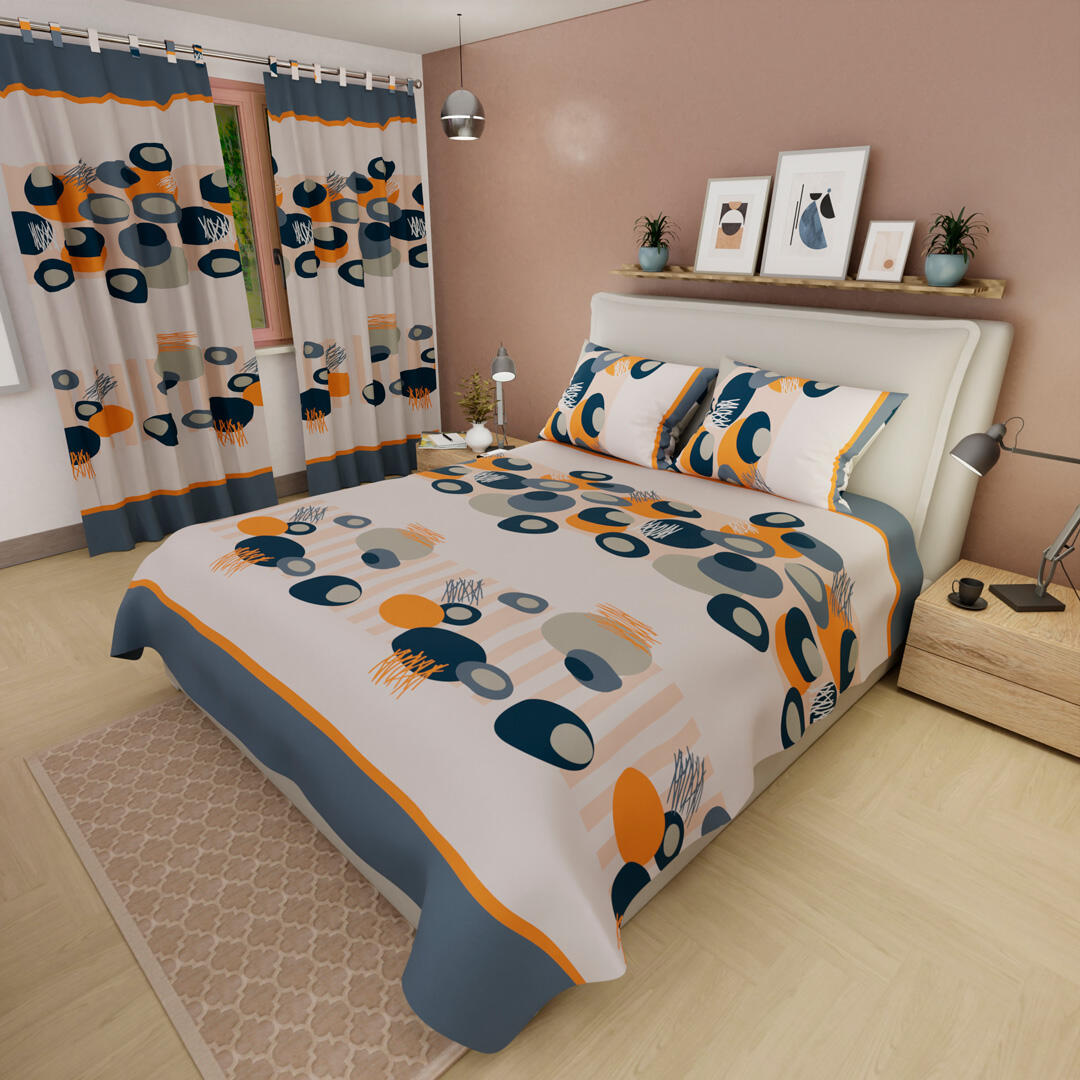 44Juego De Sábanas Con Cortinas Blanco Patrón Círculos Azules Ultra Suave 