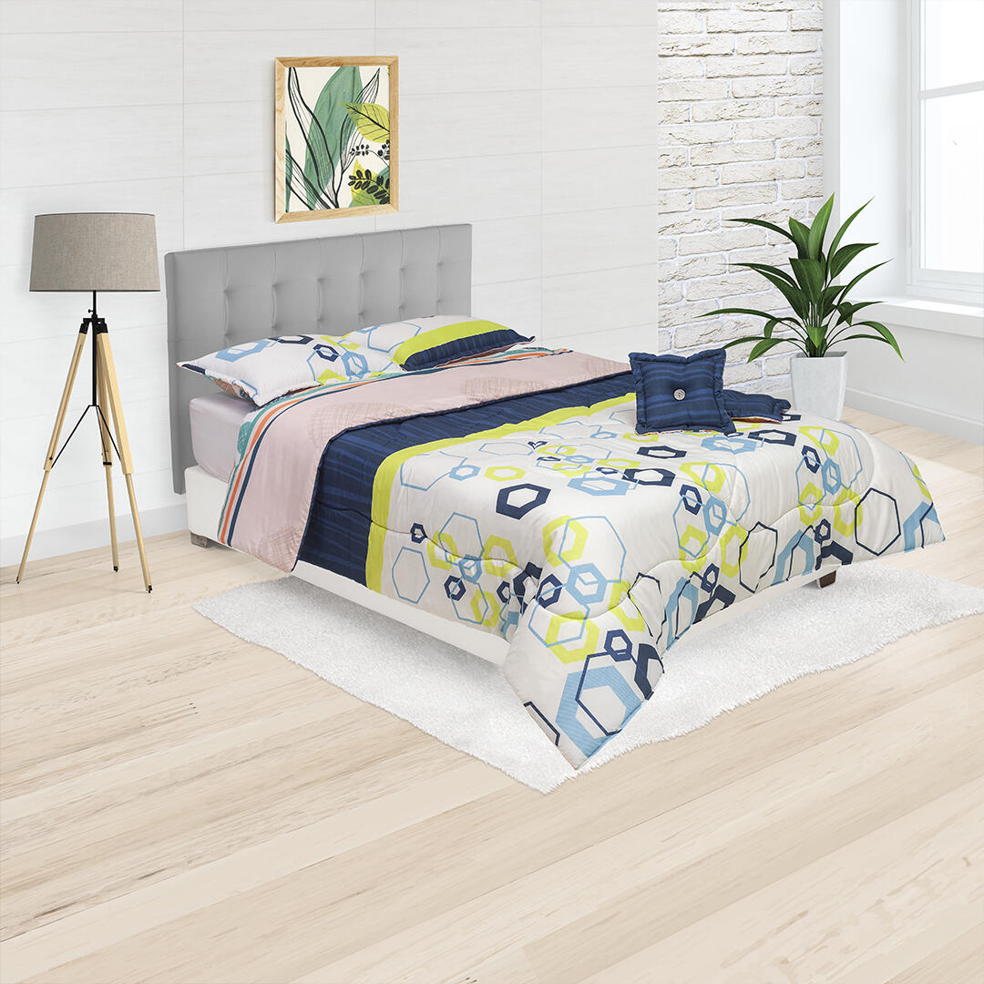 44Cubrelecho Super Acolchado Azul Y Blanco Con Hexágonos Ultra Suave 