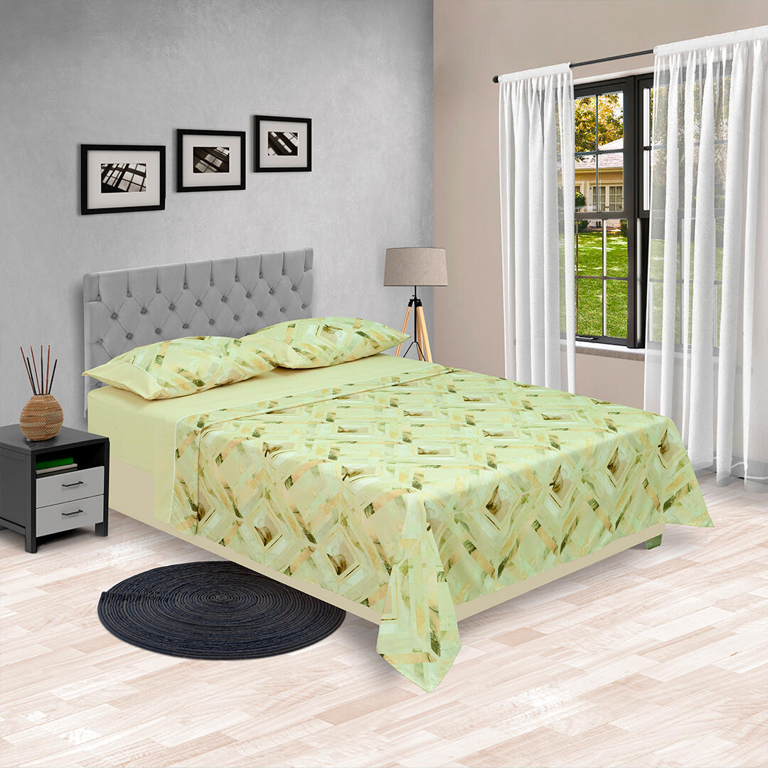 44  JUEGO DE SÁBANAS LÍNEA BARCELONA AJUSTABLE FONDO AMARILLO SOBRESABANA DE ROMBOS 