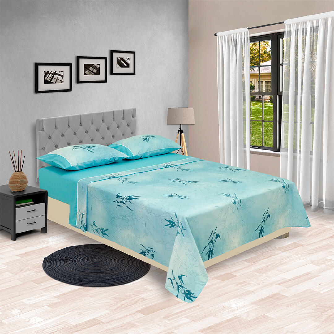 44 JUEGO DE SÁBANAS LÍNEA BARCELONA AJUSTABLE FONDO AZUL SOBRESABANA RAMAS NEGRAS FONDO AZUL 