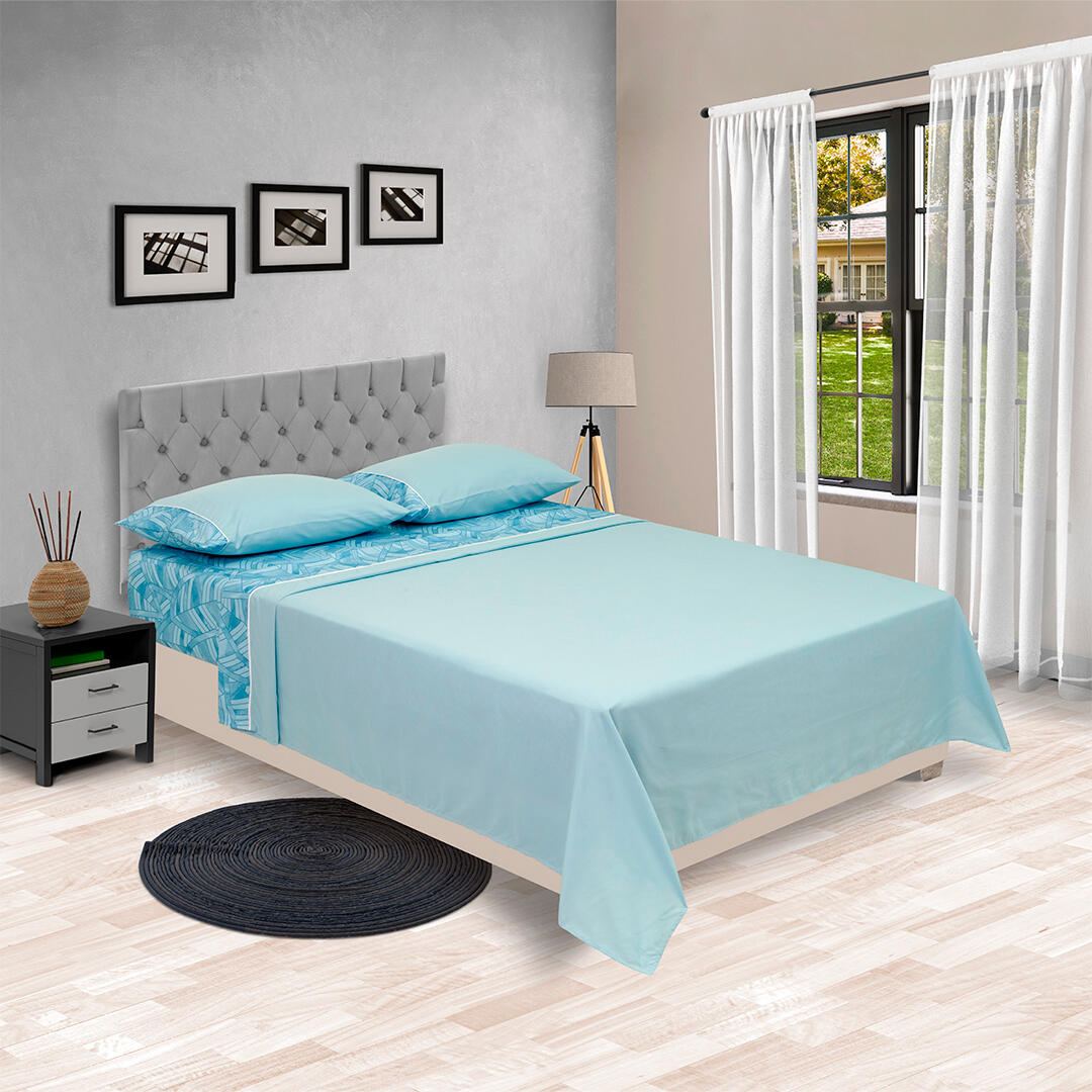 44JUEGO DE SÁBANAS LÍNEA BARCELONA AJUSTABLE HOJAS DE ARBOL  SOBRESABANA AZUL CLARO