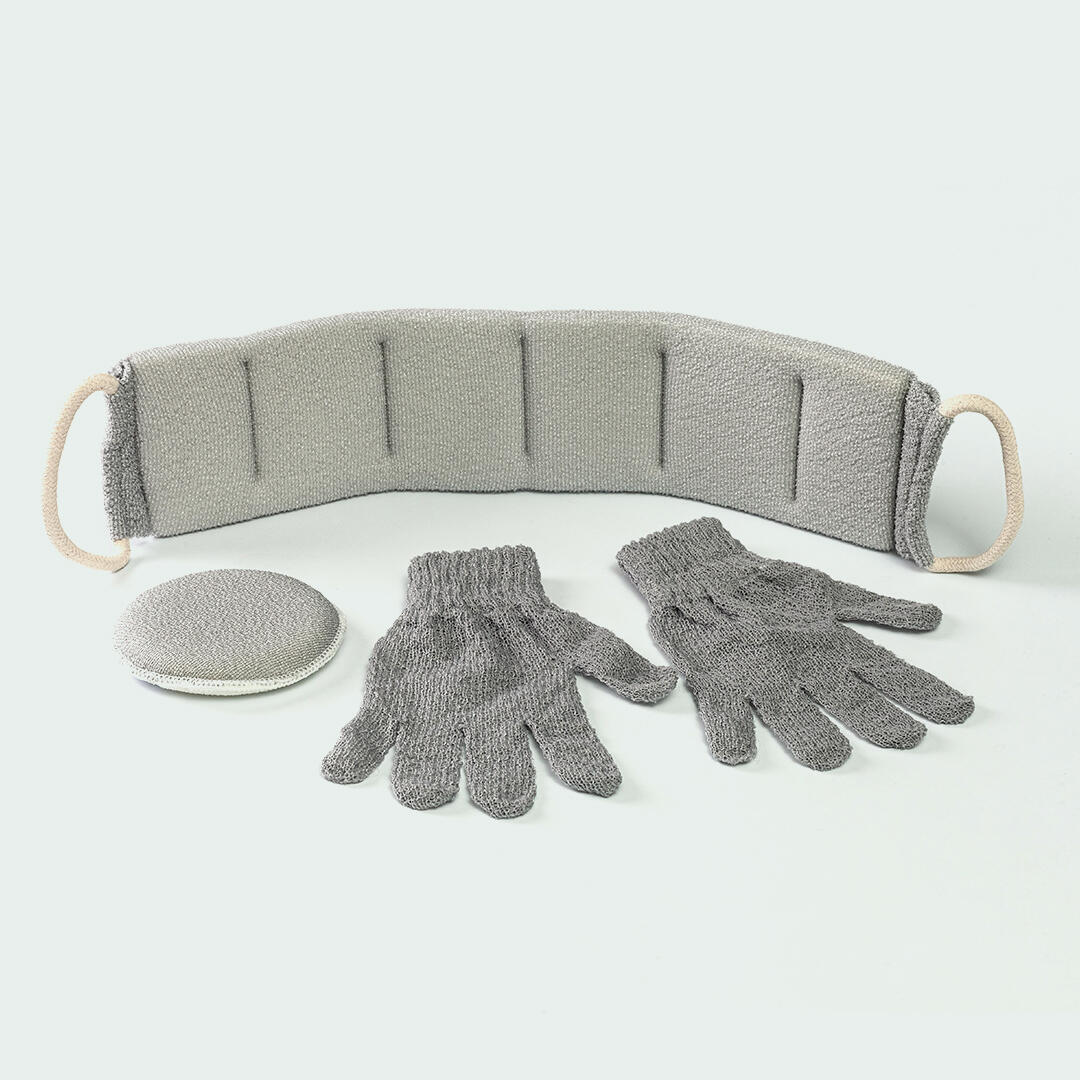 44 KIT DE BAÑO GRIS LIMPIADOR DE ESPALDA, ESPONJA EXFOLIANTE FACIAL, GUANTE EXFOLIANTE CORPORAL 