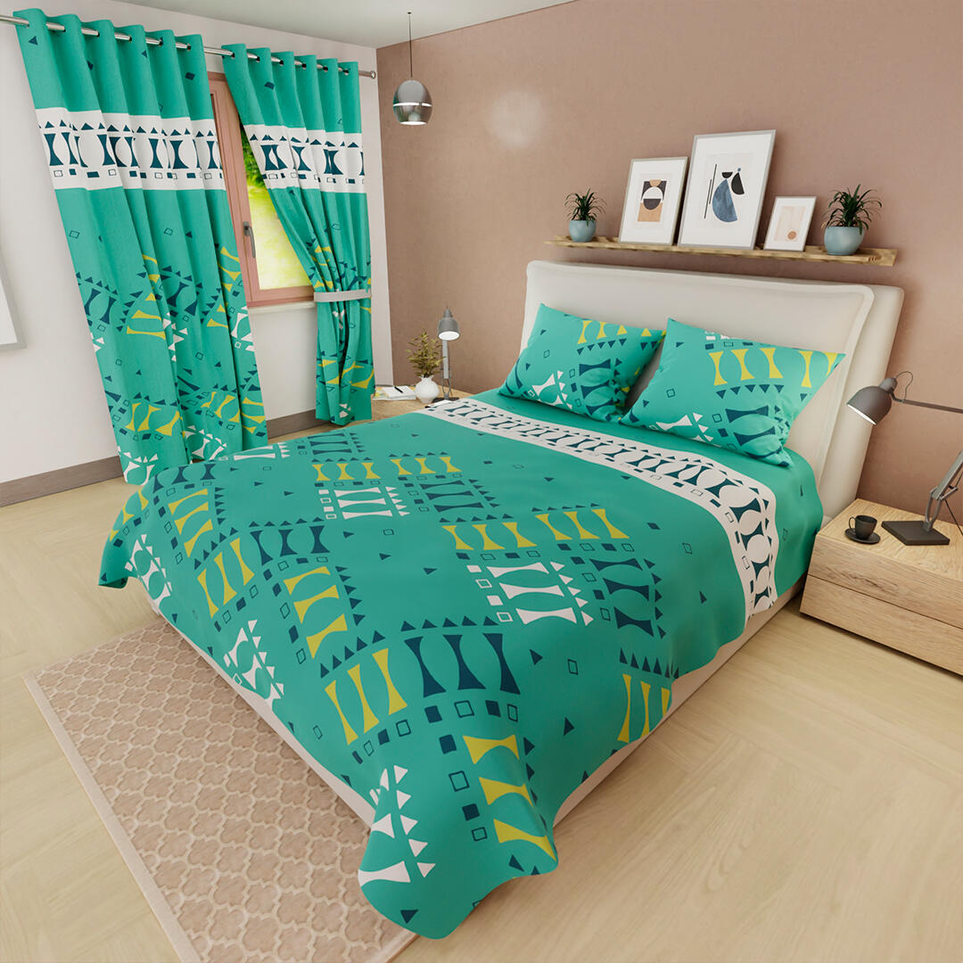 44JUEGO DE SÁBANAS MICROFIBRA FIGURAS CUADRADOS TRIÁNGULOS EN VERDE LIMÓN Y BLANCO FONDO VERDE MENTA