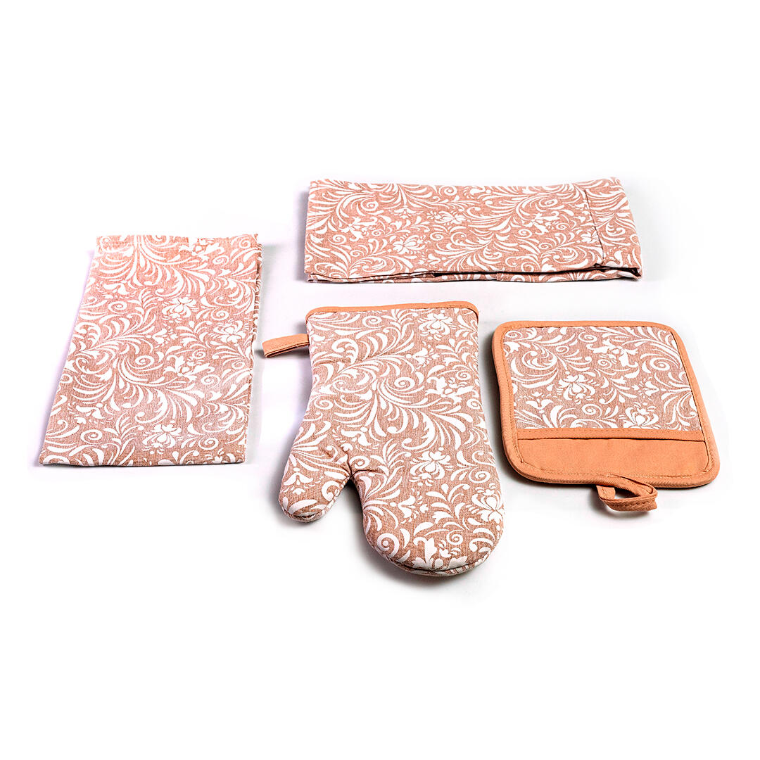 44KIT DE COCINA BEIGE GUANTE PARA  HORNO, SUJETA OLLAS, PAÑO DE COCINA, DELANTAL 